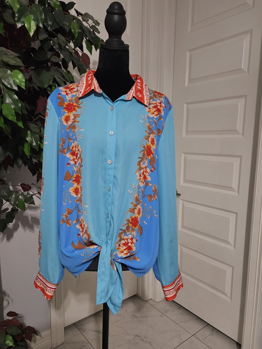 Sara Michelle Blue Floral Button-Down Tie Front Shirt